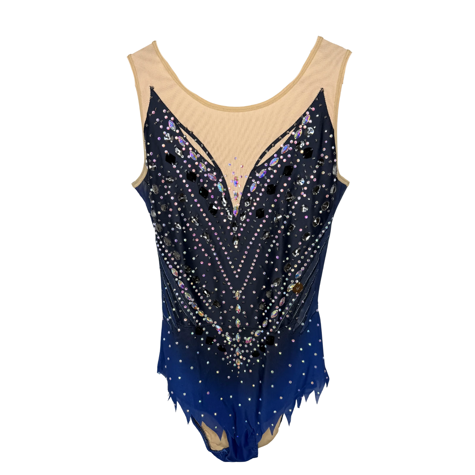 Justaucorps de gymnastique rythmique bleu marine sans manches avec décolleté à brides, pierres noires et cristal AB et jupette à pointes bleu roi