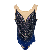 Justaucorps de gymnastique rythmique bleu marine sans manches avec décolleté à brides, pierres noires et cristal AB et jupette à pointes bleu roi