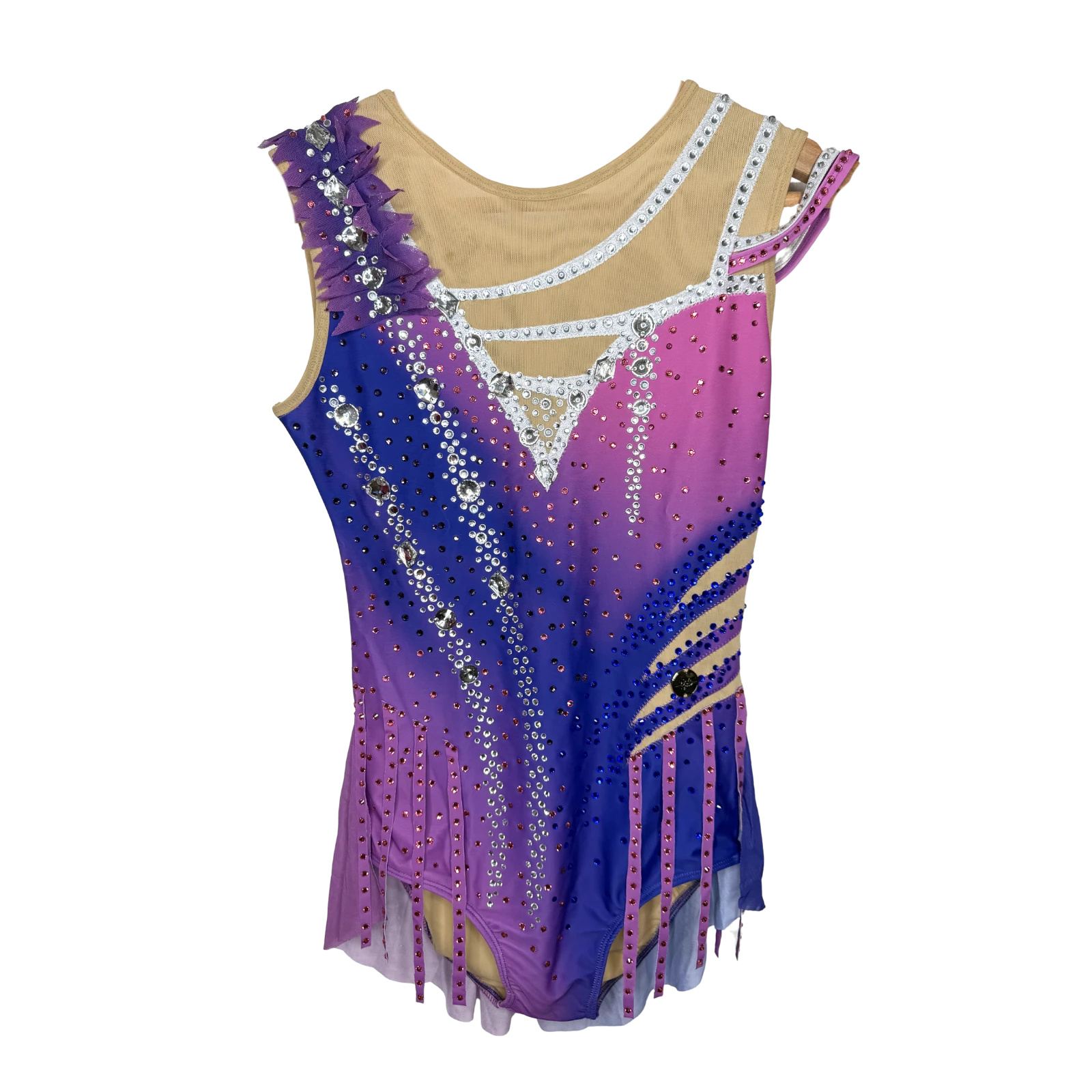 Justaucorps de gymnastique rythmique en dégradé violet et rose sans manches avec épaulette en plumes, ornements blancs et strass cristal AB